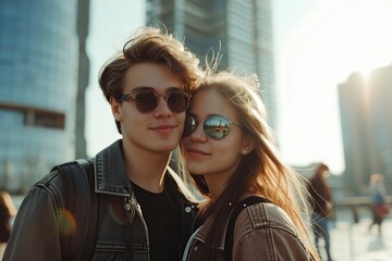 happy couple posing on the city streets