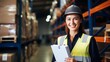 © Christian - smiling woman, floor manager in a distribution center warehouse, holding a clipboard, copy space, 16:9