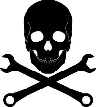 Silhouette Skull With Crossed Wrench / Vector Symbol