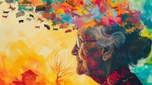 Concept - Alzheimer's. View Of Old Woman In Abstract Vibrant Painting, Surrounded By Nostalgic Views Of House, Car, Silhouettes Of Children, Sunsets, Buildings, Dog. 