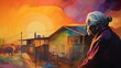 Concept - Alzheimer's. View of old woman in abstract vibrant painting, surrounded by nostalgic views of house, car, silhouettes of children, sunsets, buildings, dog. 