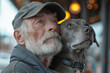 © ArtMajestic - An elderly man with wrinkles, a gray beard, in a worn gray jacket and cap hugs his faithful large gray dog in a collar