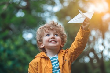 child playing happily making a paper airplane fly