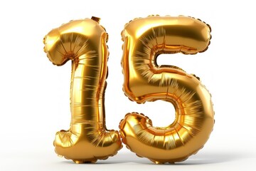 Number Fifteen (15) Shaped Golden Foil Balloons on a White Background. Generative AI.