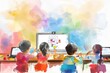 Illustration of vivid technology-infused classroom, showcasing the positive impact of digital tools on learning experiences in primary education