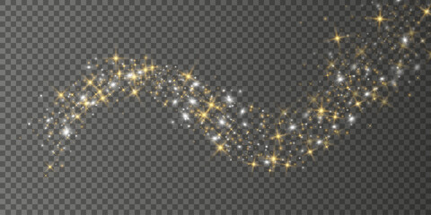 Poster - Glitter golden star and light wave. Christmas Holiday banner with glow particle. Sparkle gold bokeh. Luxury background. Magic star effect. Festive party. Twinkle flash. Fairy bulb. Vector illustration