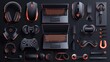 © Orxan - 3d realistic gamer accessories and equipment set. Laptop, steering wheel, keyboard, mouse, microphone, headphones, chair, VR glasses, game pad. Vector illustration