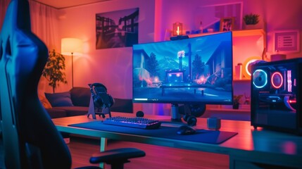 Computer Gaming PC on video gaming desk in dark room with neon light. Futuristic modern workplace of internet blogger, streamer or computer gamer. Monitor, transparent computer, chair, ring light