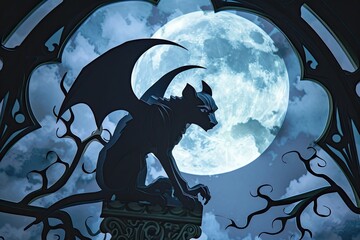 Wall Mural - A close-up of a spooky gargoyle statue against a moonlit sky