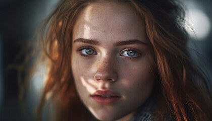 Poster - Young woman with long brown hair looking at camera, smiling confidently generated by AI