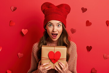 Wall Mural - Funny adult girl celebrating Valentine`s Day, portrait of young woman having fun with gift on red heart shapes background. Concept of love, party, surprise, happy people, design