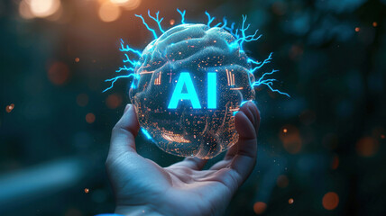Aufkleber - AI technology on human hand, artificial intelligence digital tool like brain on abstract dark background. Concept of data, tech, future, innovation, research and computer