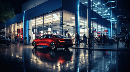 Luxury new car parked at dealership at night, modern shiny vehicles view through store window on city street. Urban reflections and neon lights background. Concept of sport, technolog