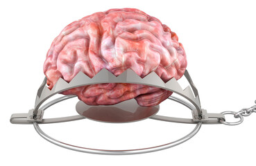 Poster - Brain inside bear trap, 3D rendering isolated on transparent background