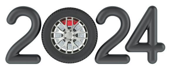 Poster - 2024 auto concept with car wheel. 3D rendering isolated on transparent background