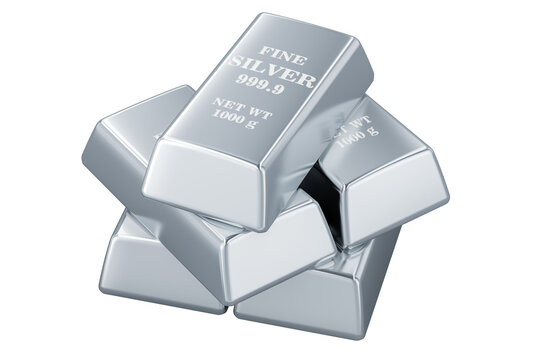 Silver ingots. 3D rendering isolated on transparent background