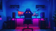 Workplace For Professional Gamer In Computer Games Online Tournaments, Comfortable Chair Backlit Keyboard Monitors Blue Backgrounds 3D Rendering