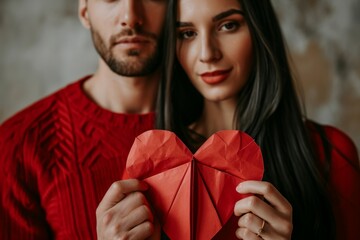 Diverse couple holding folded heart red paper Valentines day kissing kiss love care celebration gift valentine decoration honeymoon relationship passion romance romantic colours pink hearts holiday