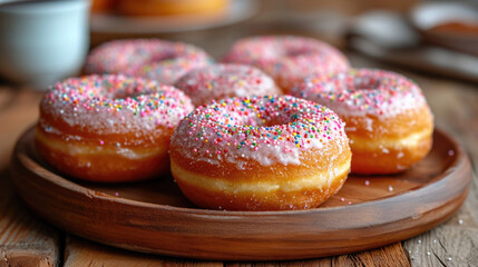 Donuts with powdered sugar glaze and colorful sprinkles arranged on a plate in a pyramid