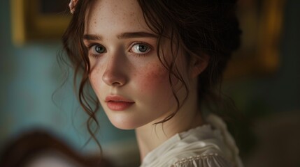 Poster - A close-up view of a woman's face with noticeable freckles. This image can be used in various contexts