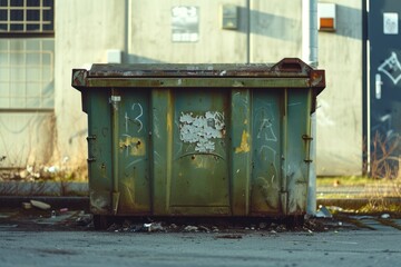 Poster - A picture of a green dumpster sitting in front of a building. This image can be used to depict waste management, construction sites, or urban environments