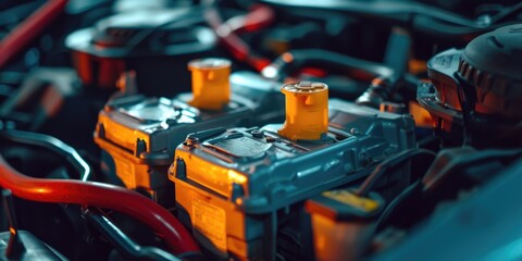 Poster - Close up view of a car's engine bay. This image can be used to showcase automobile maintenance, car repairs, or automotive technology