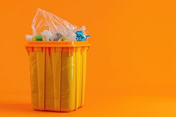 Poster - A yellow trash can filled with plastic bags. This image can be used to illustrate waste management or environmental issues