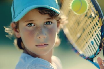 Poster - A young boy holding a tennis racket and a tennis ball. Perfect for sports-related projects or illustrating the joy of playing tennis