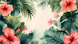 Wallpaper with tropical flowers and palm leaves, frame, place for text. Hibiscus. Red-green tones.