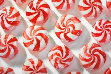 Wall Mural - A close-up view of many red and white candies. Perfect for adding a pop of color to your designs and decorations