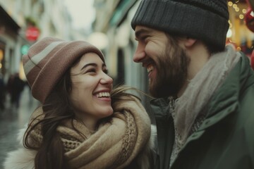 Poster - A happy man and woman walking together on the street. Suitable for various uses