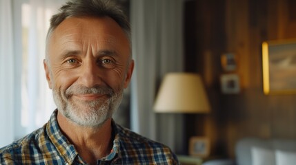 Poster - A picture of a man with a beard wearing a plaid shirt. Suitable for various uses