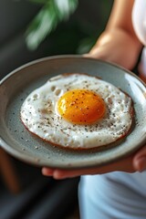 Aufkleber - A person holding a plate with an egg on it. Perfect for food-related designs and concepts