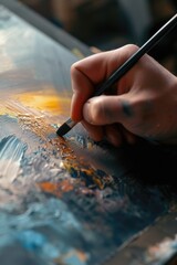 Poster - A close-up view of a person using a brush to paint. This image can be used to depict creativity, art, hobbies, or the process of painting