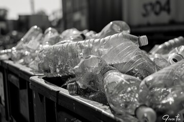 Poster - A black and white photo capturing the image of empty plastic bottles. Suitable for environmental awareness campaigns and recycling-themed projects