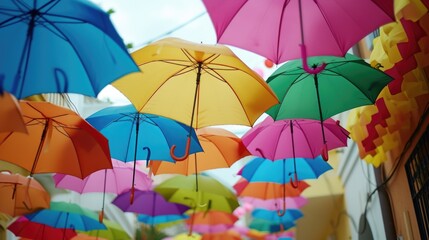 Poster - Colorful umbrellas hanging from the ceiling, suitable for various indoor events and decorations