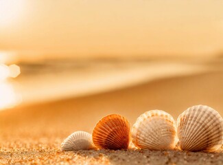 Wall Mural - Seashells on the sand on the background of the sea