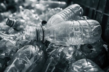 Poster - A black and white photo capturing the emptiness of plastic bottles. Perfect for illustrating the issue of waste and pollution.