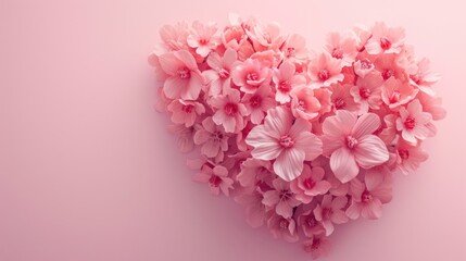 Poster - A heart-shaped arrangement of pink flowers on a pink background. Perfect for romantic occasions or expressing love