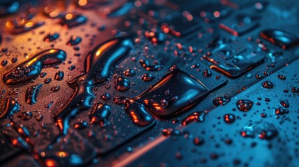 Poster - Water droplets captured in a close-up view on a surface. Suitable for various applications