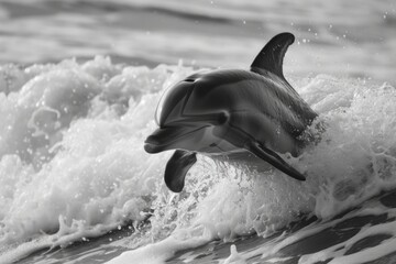 Poster - A black and white photo capturing a majestic dolphin riding a wave. Perfect for nature enthusiasts and ocean lovers