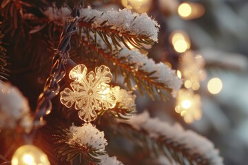 Poster - A detailed view of a Christmas tree with twinkling lights. Perfect for adding a festive touch to any holiday-themed project