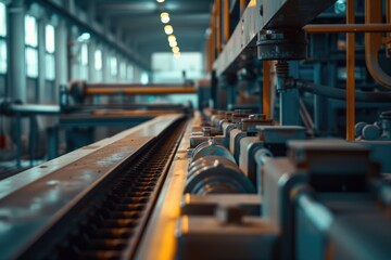 Aufkleber - A picture of a conveyor belt in a factory with multiple machines. This image can be used to showcase industrial production and manufacturing processes