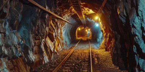 Wall Mural - A train is pictured going through a tunnel. This image can be used to depict transportation, travel, or the concept of journeying towards a destination