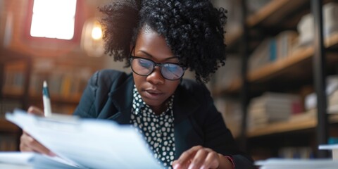 Poster - A woman sitting at a table with a pen and paper. Suitable for office, education, or creative concept