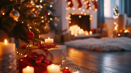 Poster - A cozy living room with a beautifully decorated Christmas tree and flickering candles. Perfect for creating a warm and festive atmosphere during the holiday season