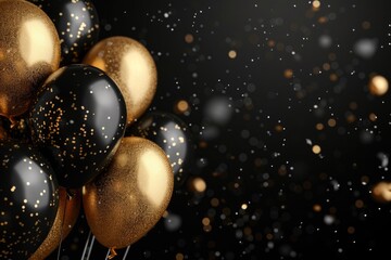Poster - A bunch of black and gold balloons on a black background. Great for celebrations and festive events