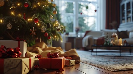 Poster - A cozy living room decorated for Christmas with a beautifully adorned Christmas tree and presents underneath. Perfect for holiday-themed designs and festive promotions