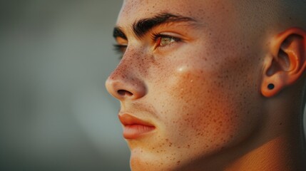Poster - A detailed close-up of a person's face with noticeable freckles. This image can be used to depict natural beauty, diversity, or skincare