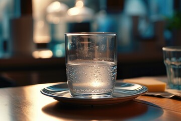 Poster - A glass of water sitting on top of a plate. Suitable for various uses
